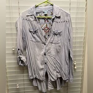 Gray Embroidered Button up Blouse